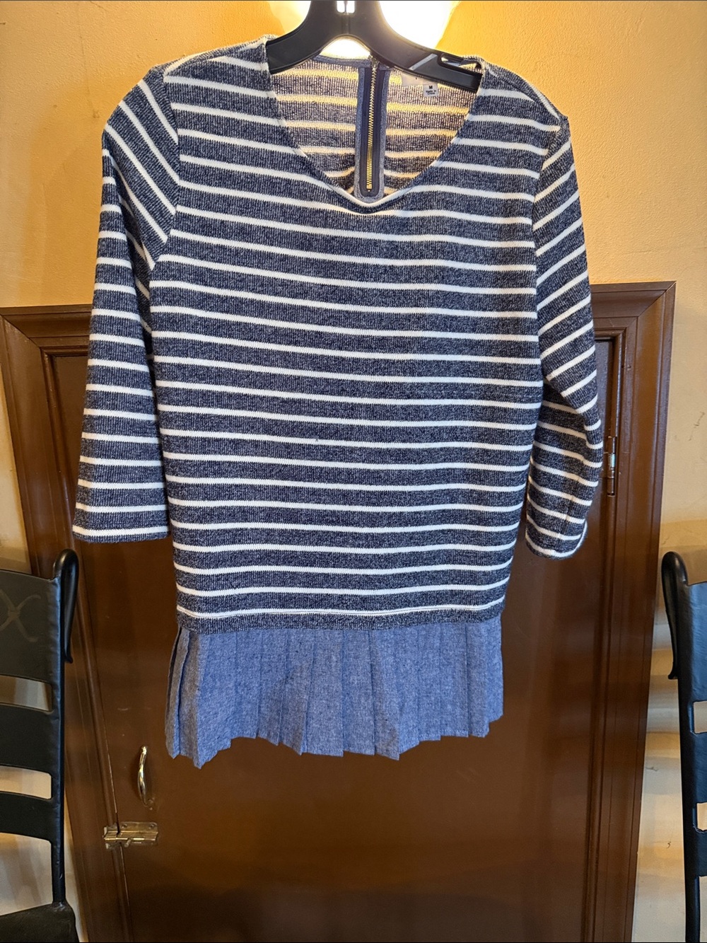 THML Striped Navy and White Women's Sweater with Pleated Hem